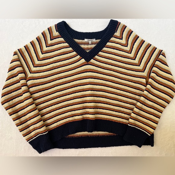 Madewell Arden VNeck Multi Cotton Slouchy Striped Sweater Sz XL 90s Gilmore Girl - Picture 5 of 10